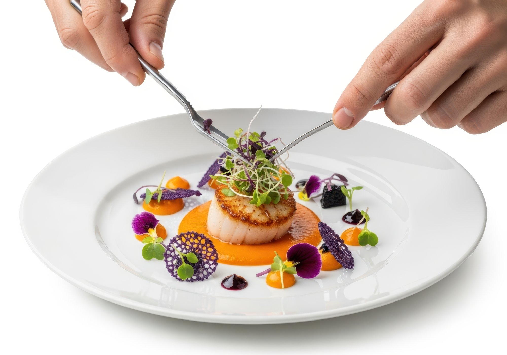 Chef demonstrating a plated dish in a warm kitchen