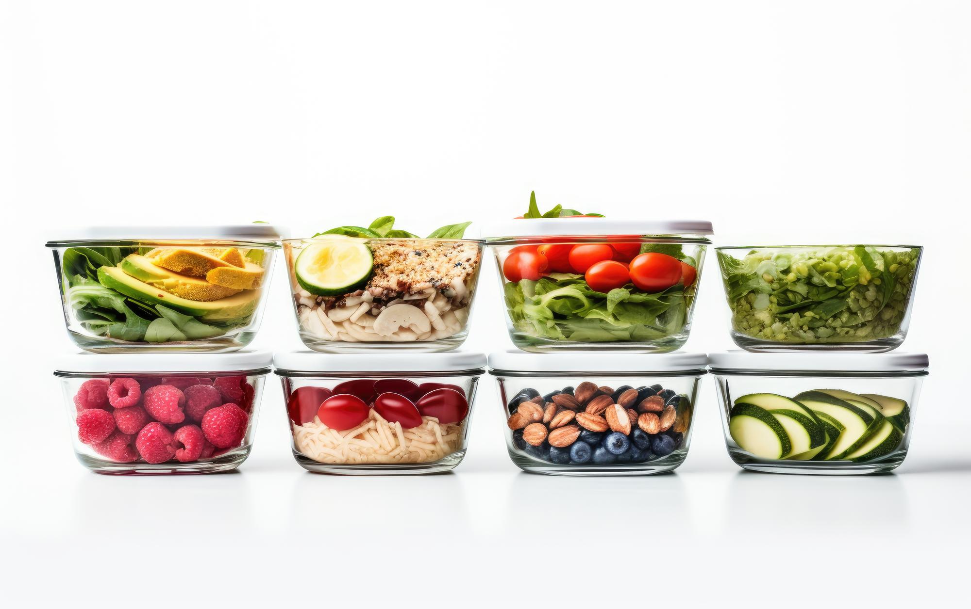 Organized meal preps in glass containers
